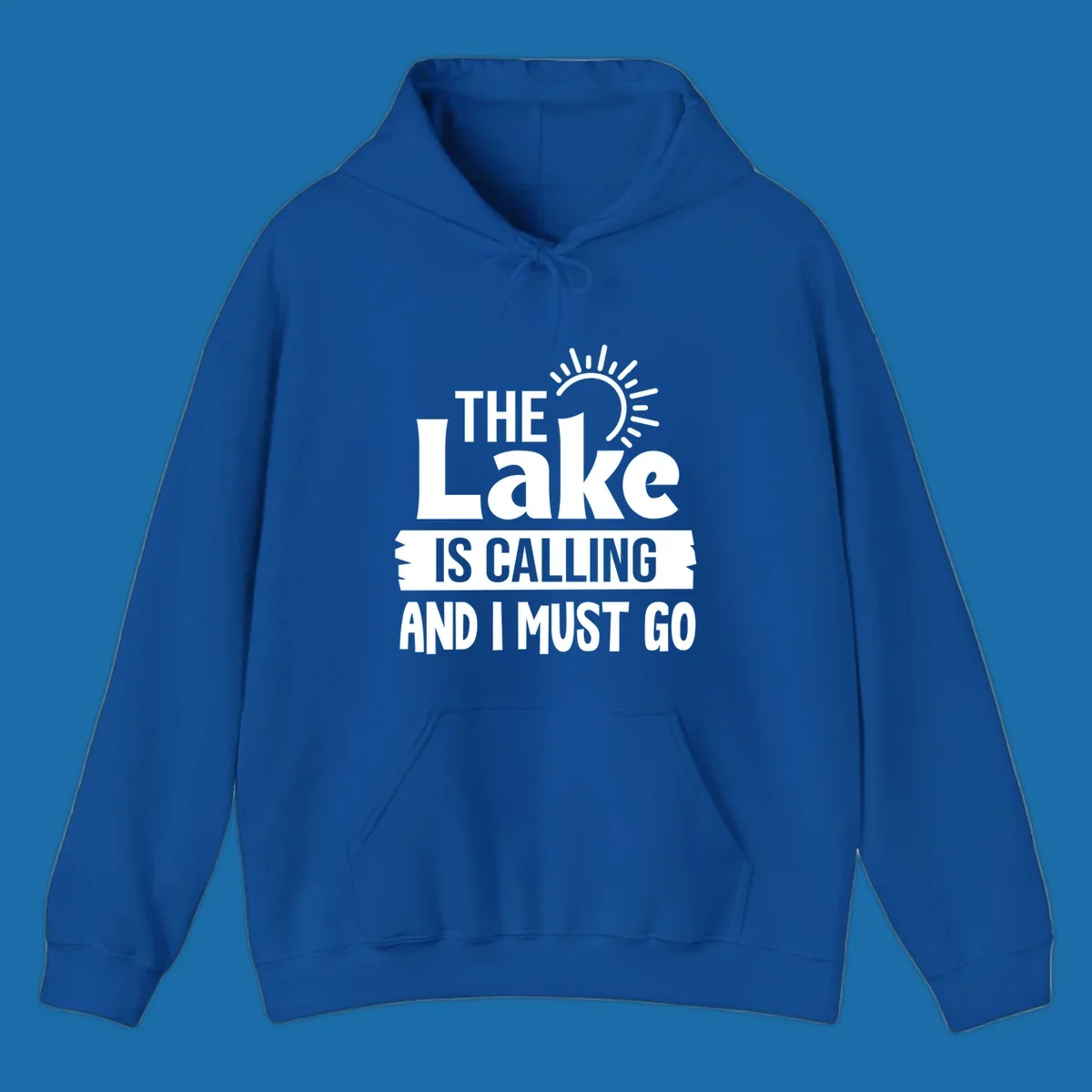 The Lake Is Calling And I Must Go text with a sun graphic. lake-calling-go