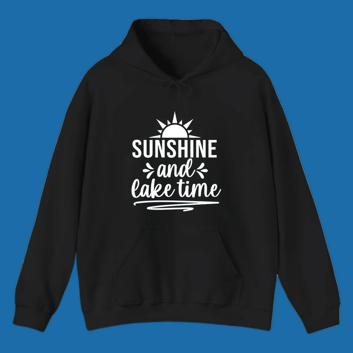 Sunshine and lake time text with a sun graphic, for lake day apparel.