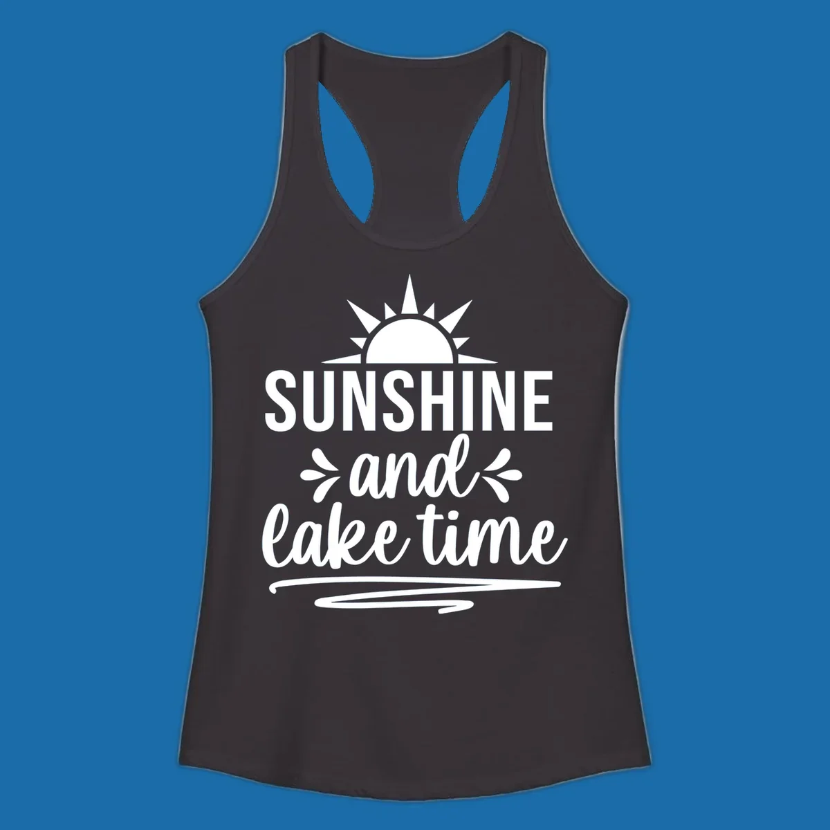 Sunshine and lake time text with a sun graphic, for lake day apparel.