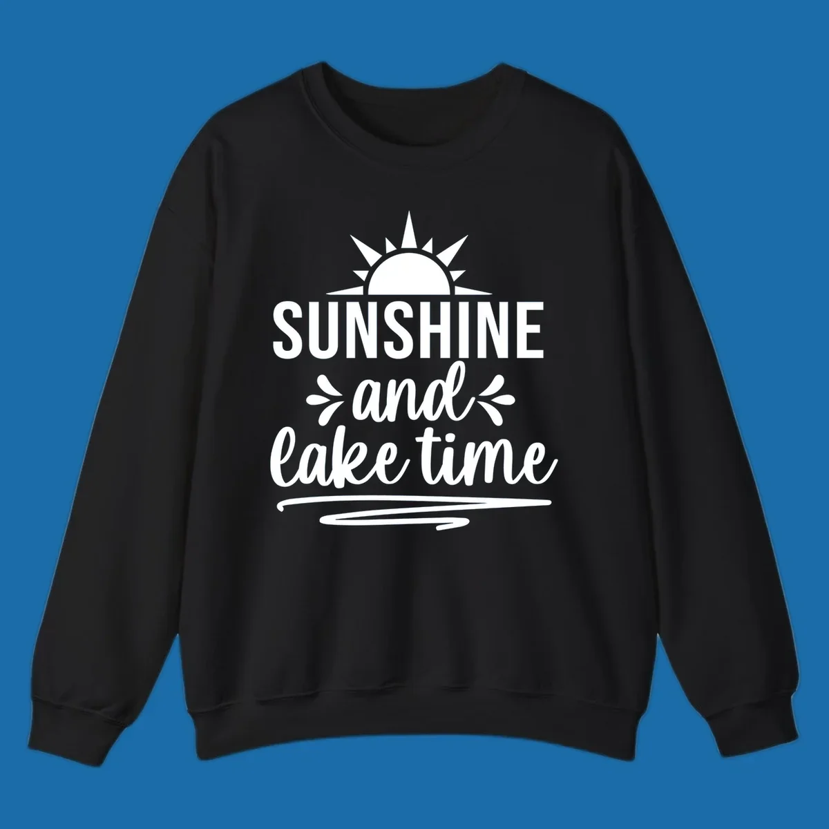 Sunshine and lake time text with a sun graphic, for lake day apparel.