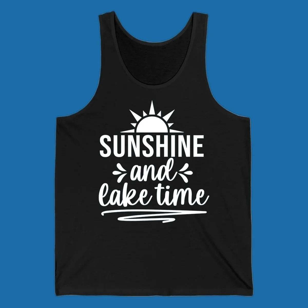 Sunshine and lake time text with a sun graphic, for lake day apparel.