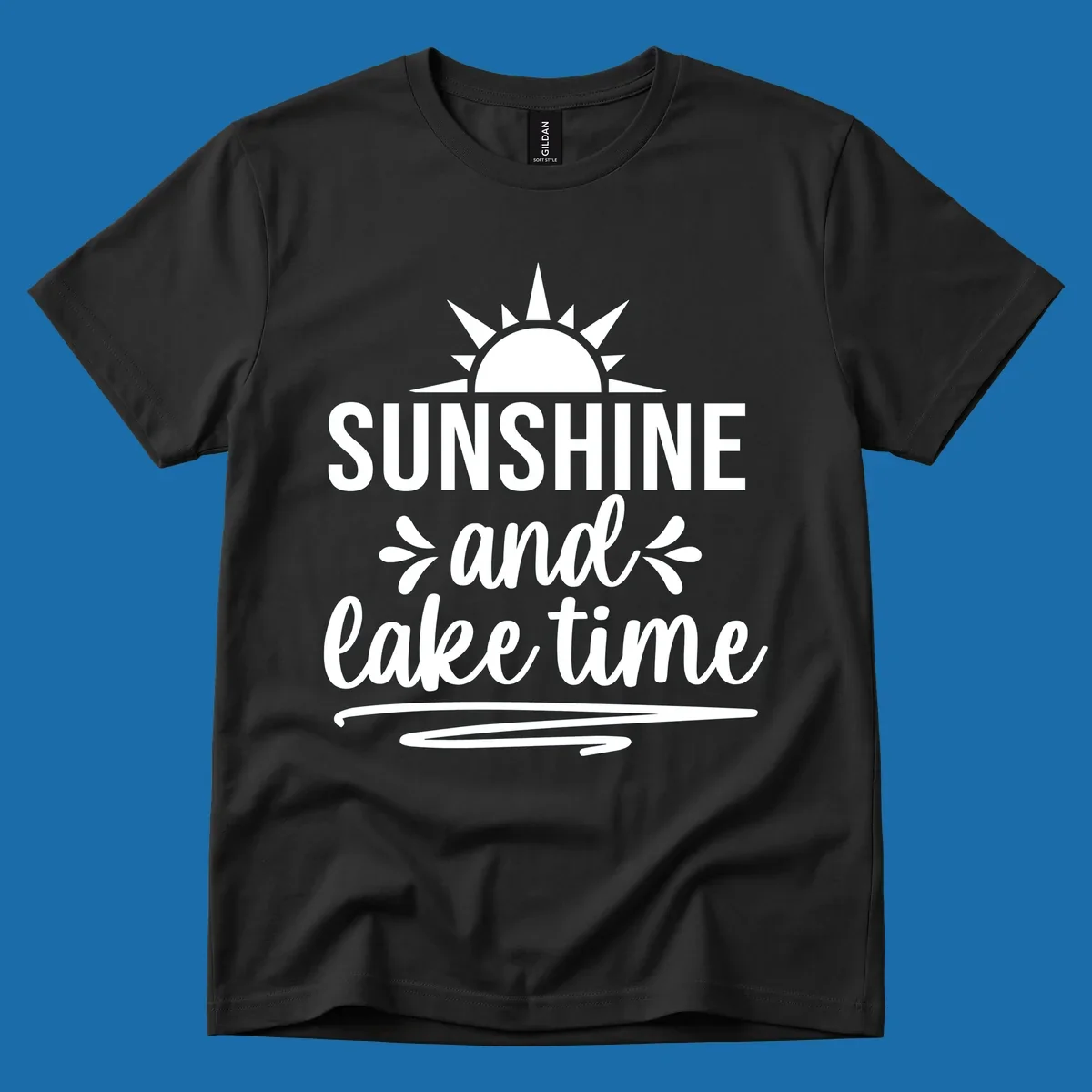 Sunshine and lake time text with a sun graphic, for lake day apparel.
