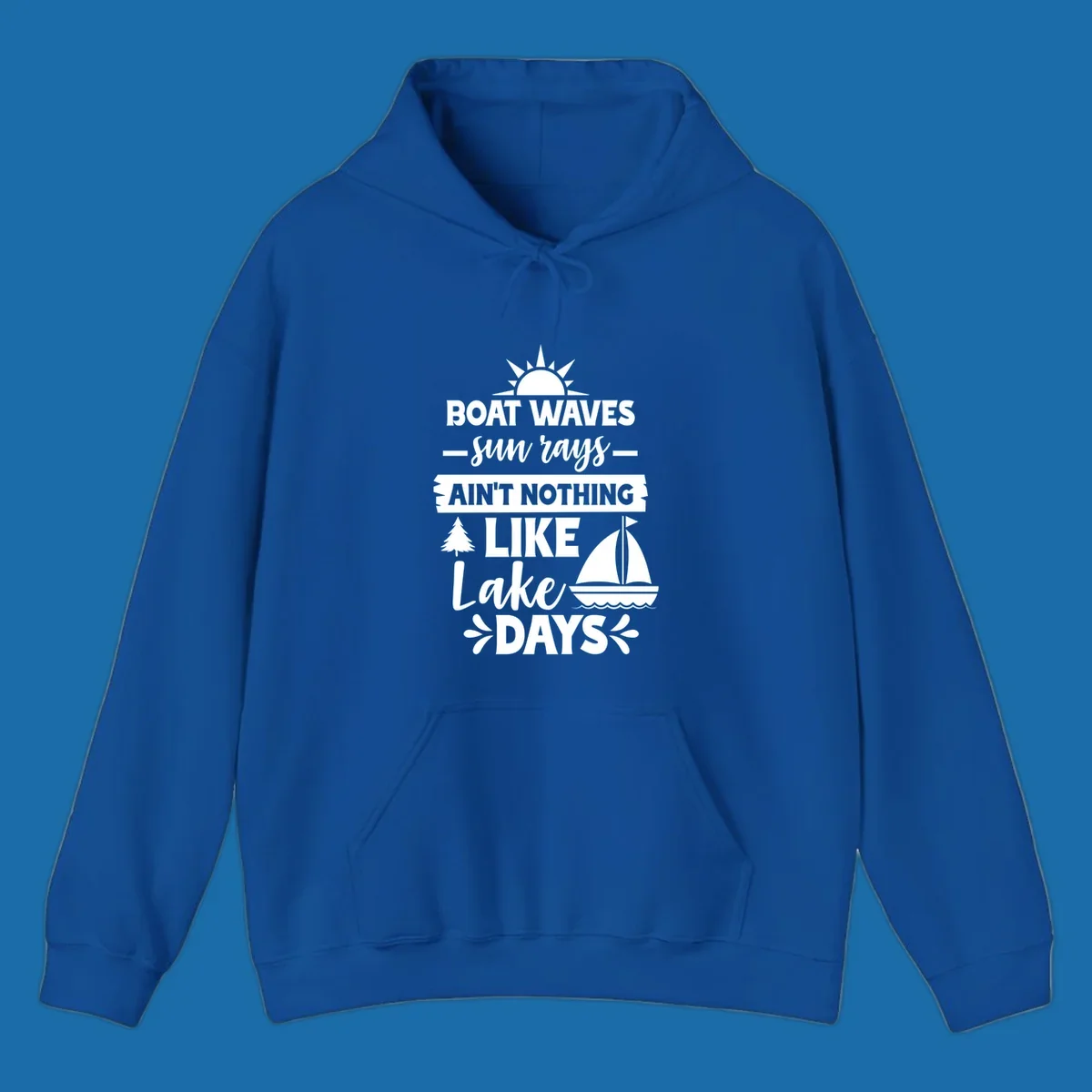 White text and graphics of sun rays, a sailboat, and a tree reading 'Boat Waves Sun Rays Ain't Nothing Like Lake Days'.