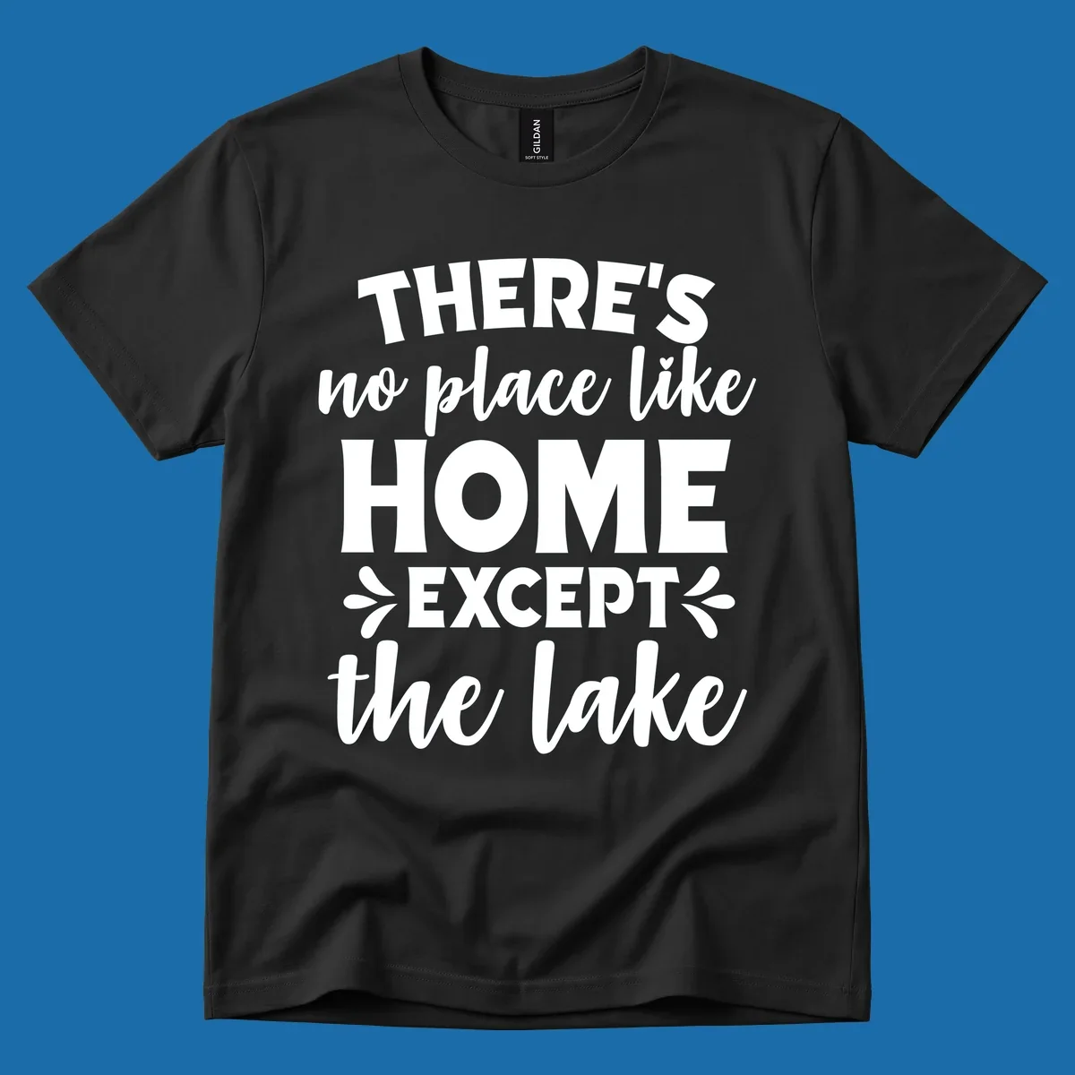 Typography design with the phrase "There's No Place Like Home Except The Lake" for lake-life apparel.