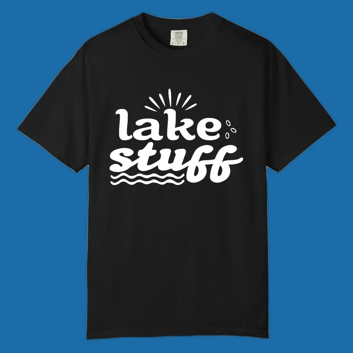 Lake Stuff fun lake vibes graphic with text, sun rays, water drops, and waves.