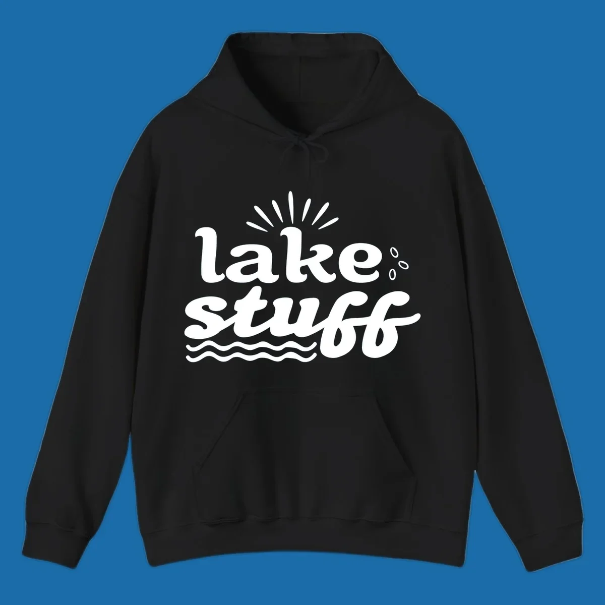 Lake Stuff fun lake vibes graphic with text, sun rays, water drops, and waves.