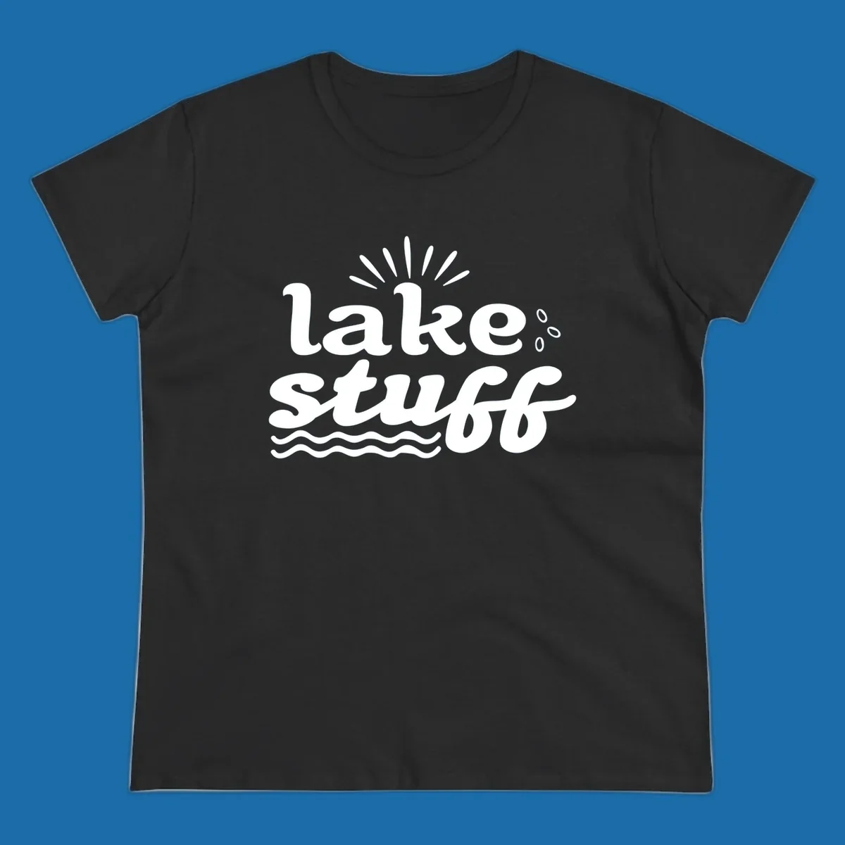Lake Stuff fun lake vibes graphic with text, sun rays, water drops, and waves.