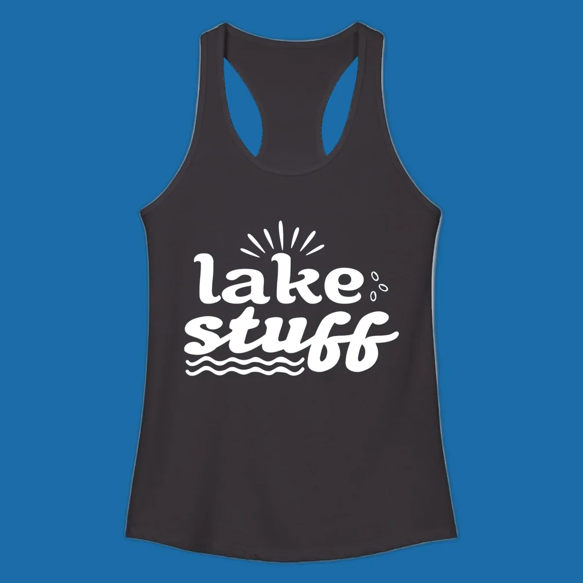 Lake Stuff fun lake vibes graphic with text, sun rays, water drops, and waves.