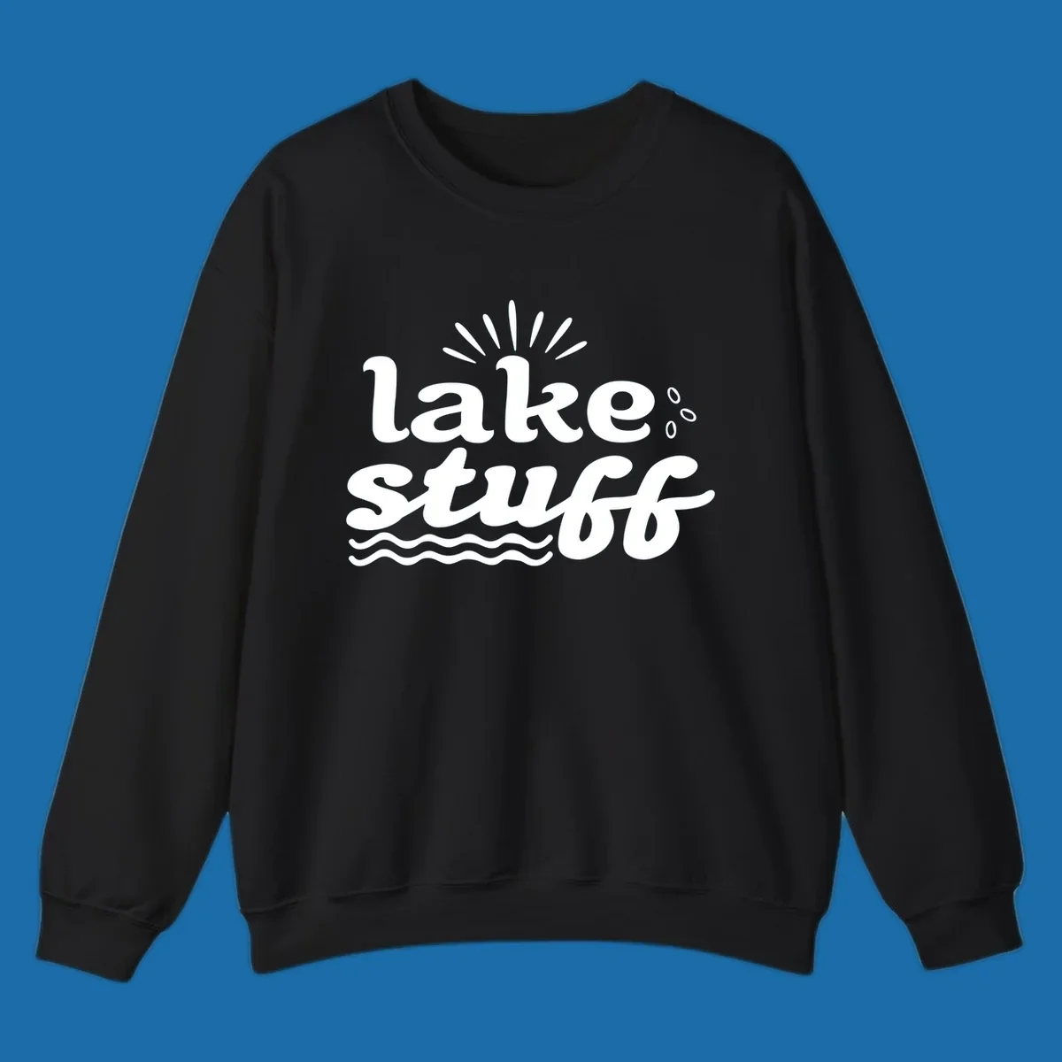 Lake Stuff fun lake vibes graphic with text, sun rays, water drops, and waves.