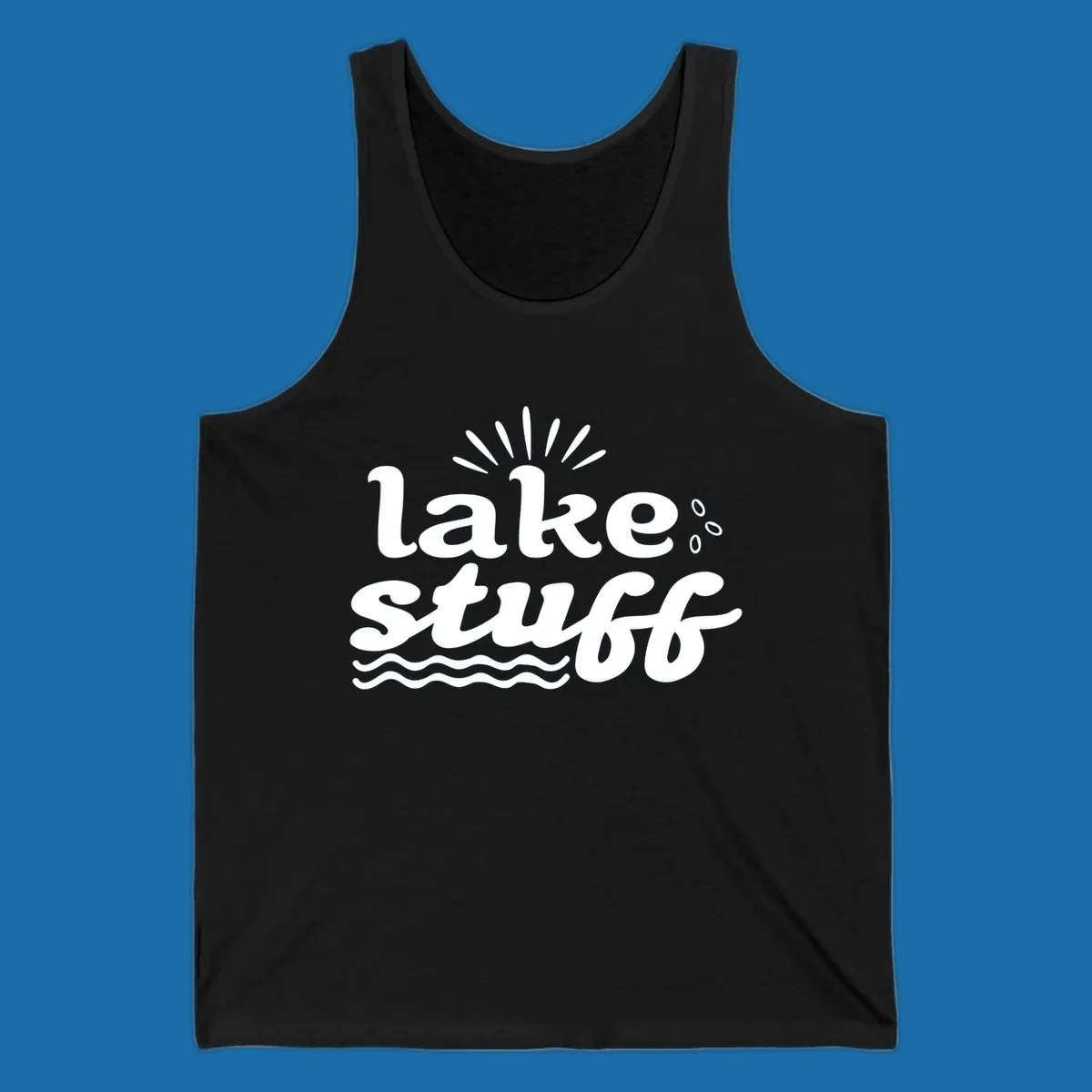 Lake Stuff fun lake vibes graphic with text, sun rays, water drops, and waves.
