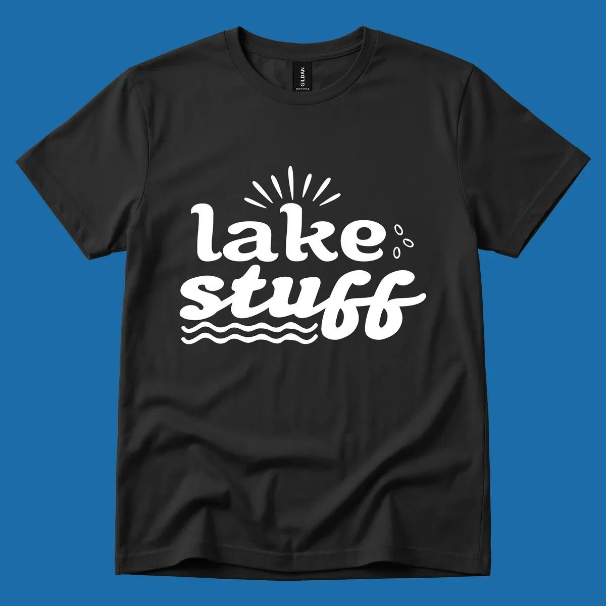 Lake Stuff fun lake vibes graphic with text, sun rays, water drops, and waves.