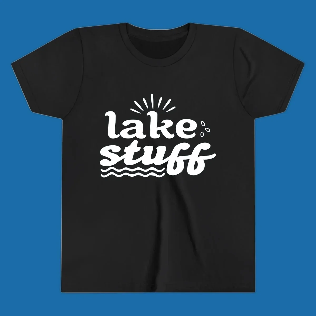 Lake Stuff fun lake vibes graphic with text, sun rays, water drops, and waves.