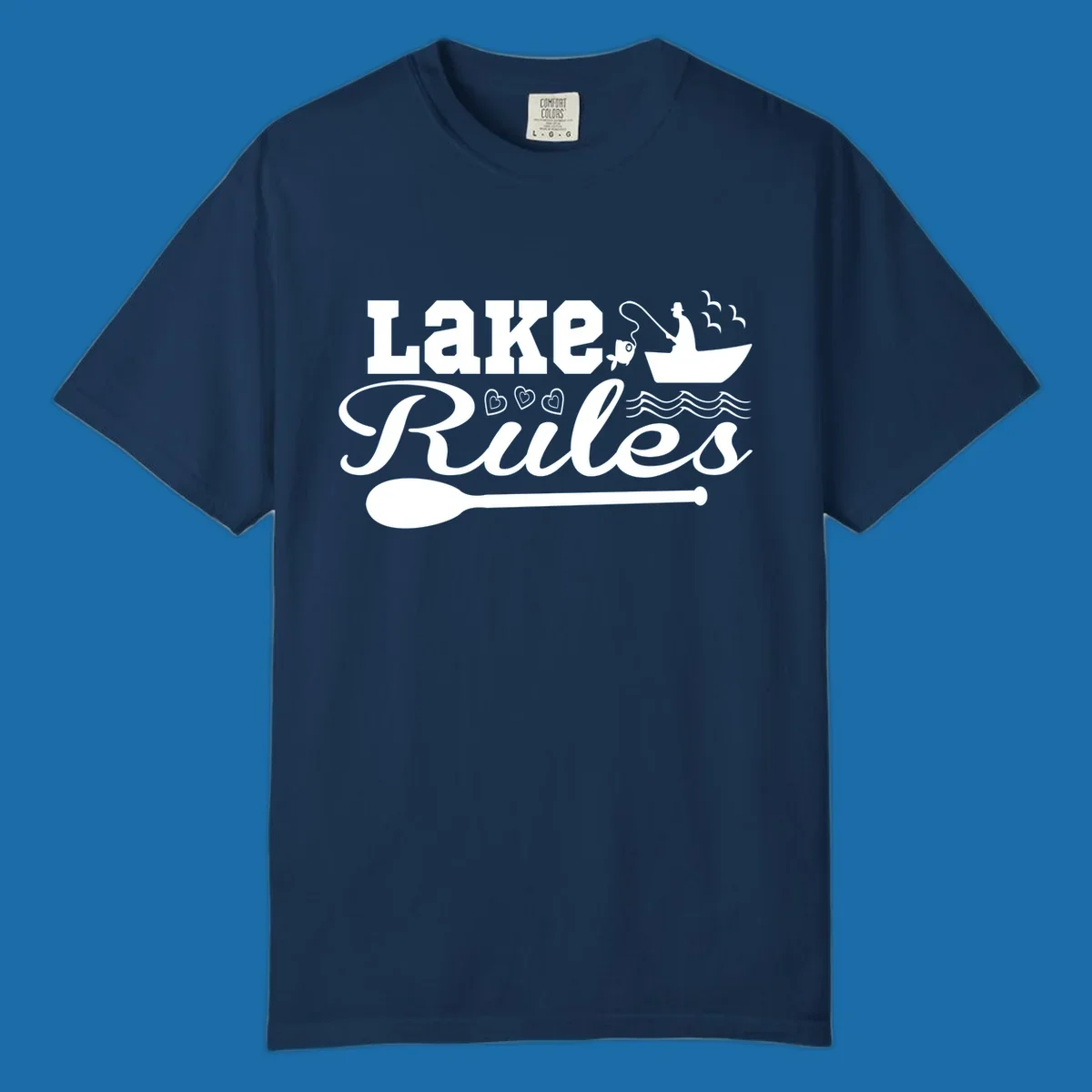 Lake Rules design with fishing boat, fish, oar, waves, and birds. White artwork on black and white backgrounds.