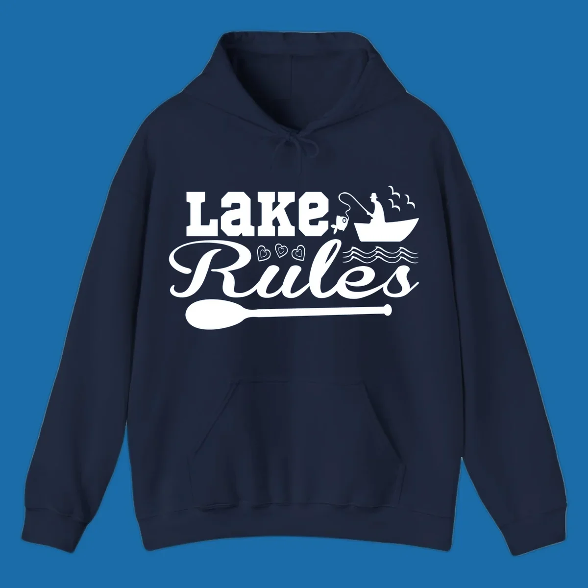 Lake Rules design with fishing boat, fish, oar, waves, and birds. White artwork on black and white backgrounds.