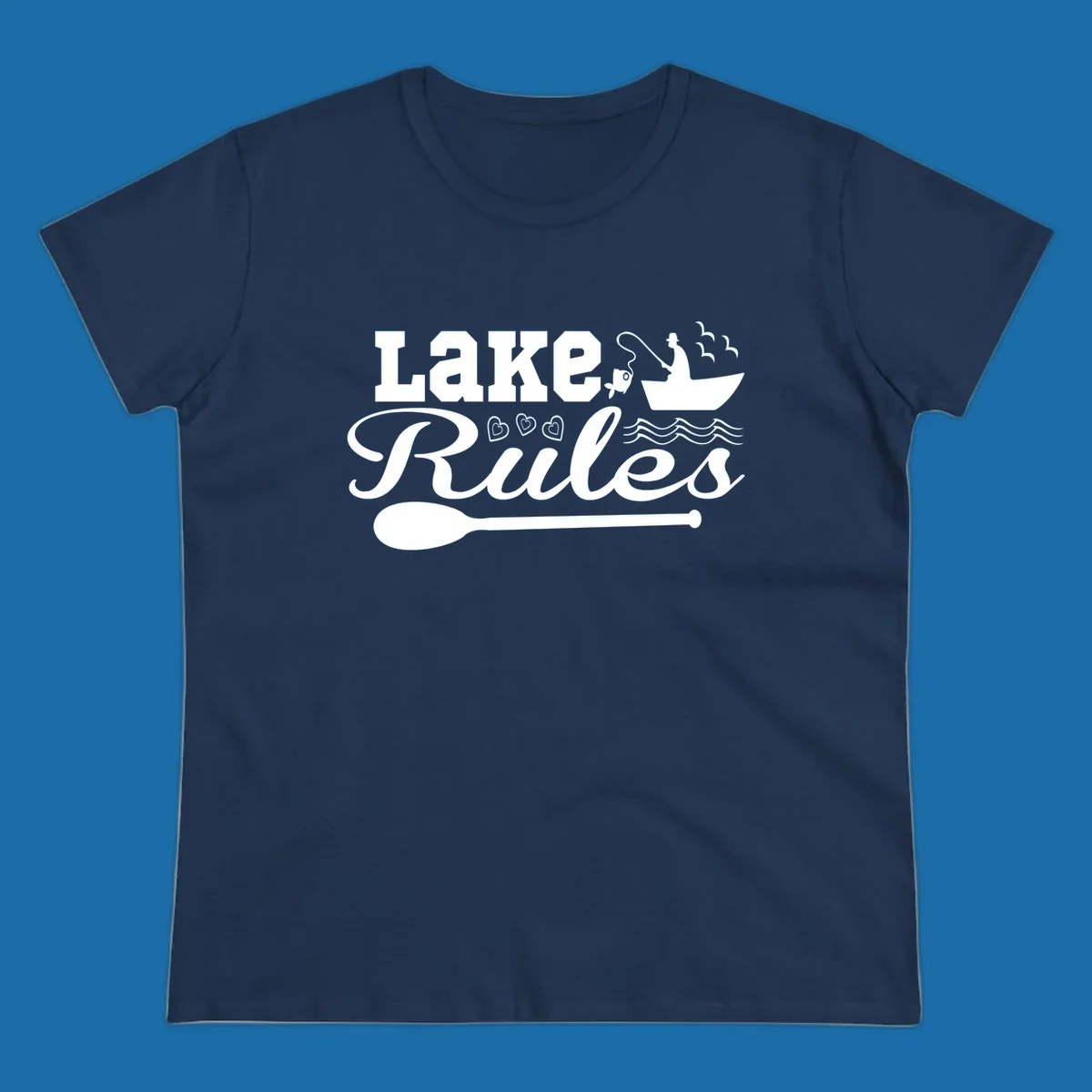 Lake Rules design with fishing boat, fish, oar, waves, and birds. White artwork on black and white backgrounds.
