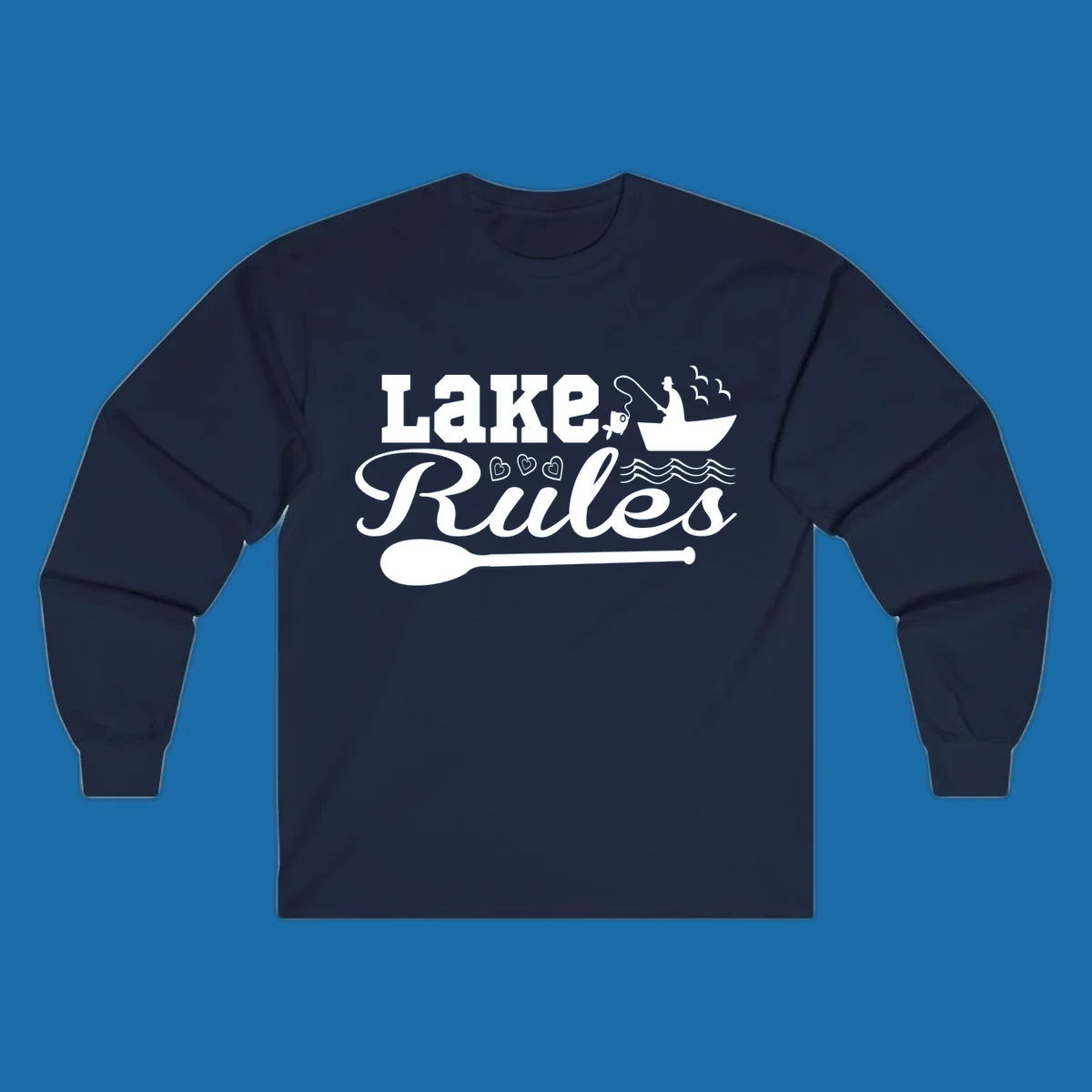 Lake Rules design with fishing boat, fish, oar, waves, and birds. White artwork on black and white backgrounds.