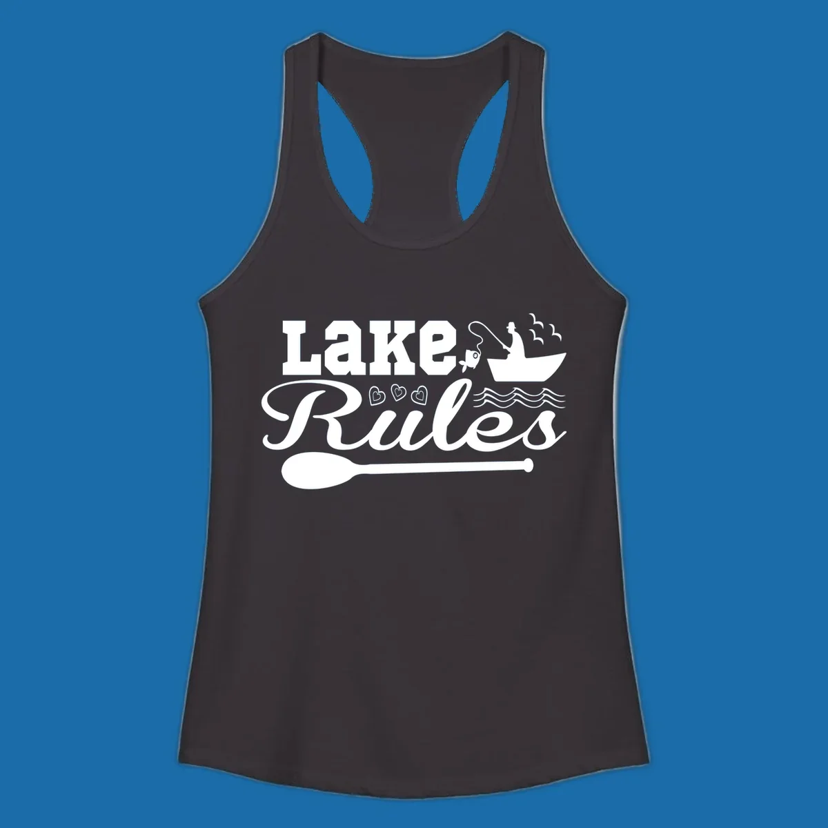 Lake Rules design with fishing boat, fish, oar, waves, and birds. White artwork on black and white backgrounds.