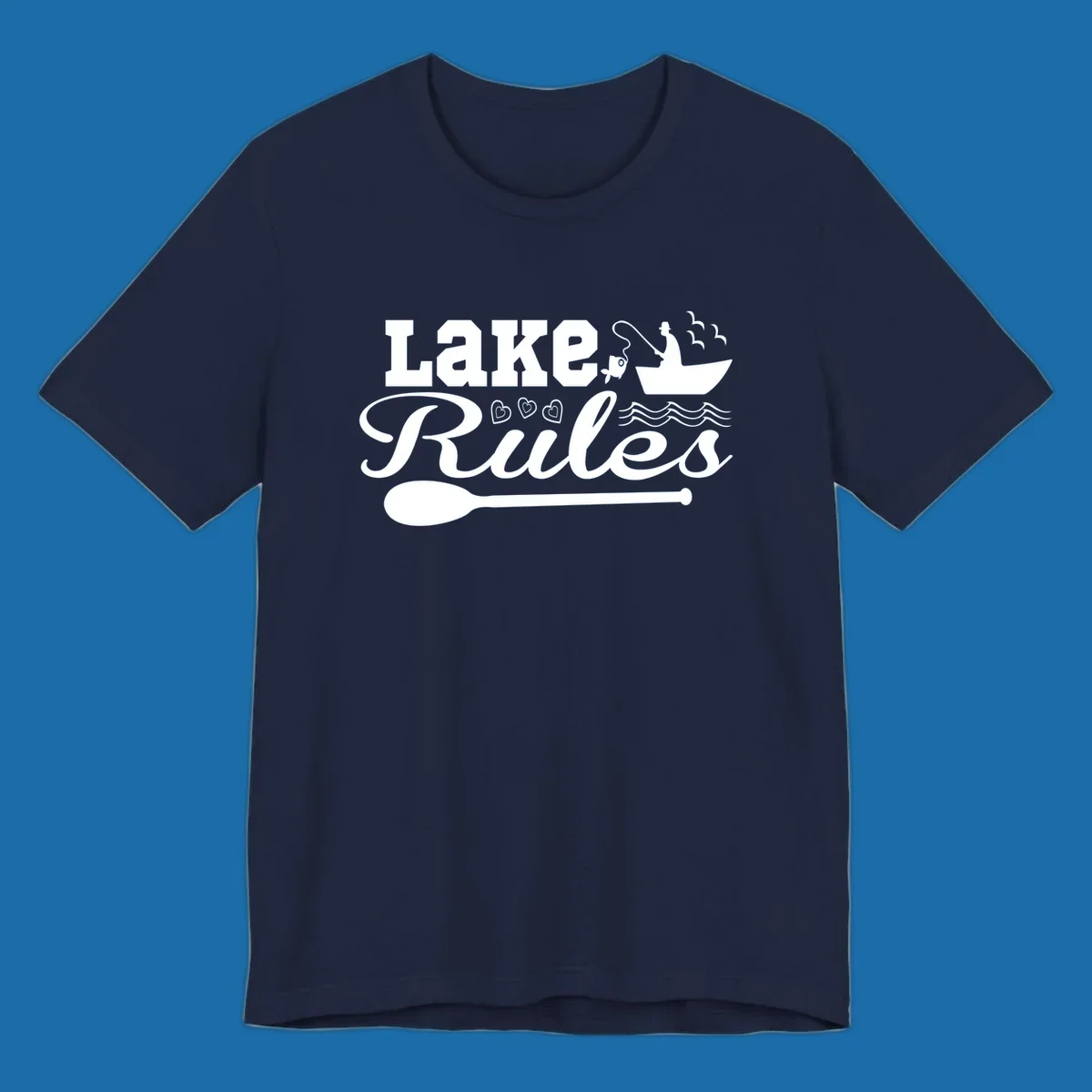 Lake Rules design with fishing boat, fish, oar, waves, and birds. White artwork on black and white backgrounds.