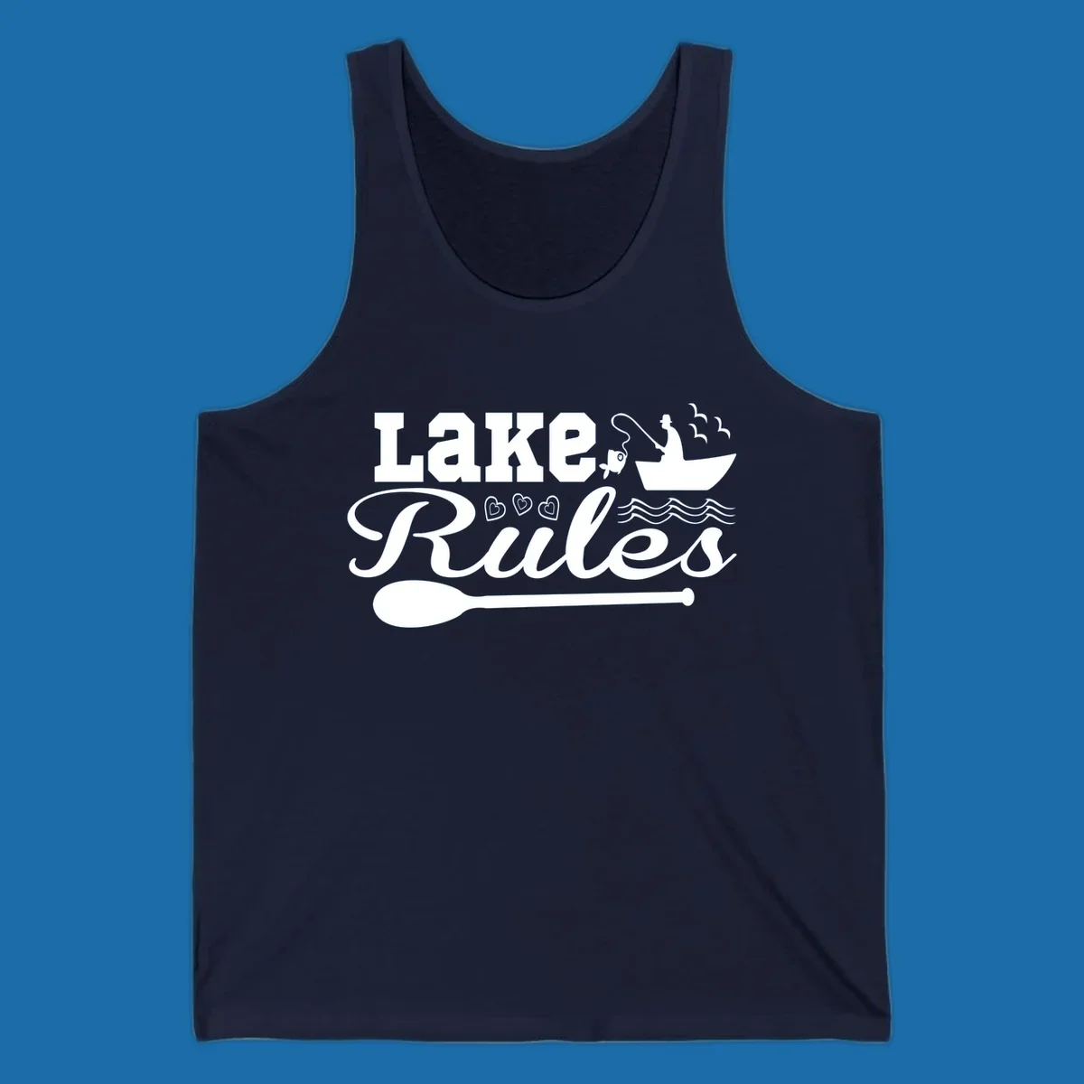 Lake Rules design with fishing boat, fish, oar, waves, and birds. White artwork on black and white backgrounds.