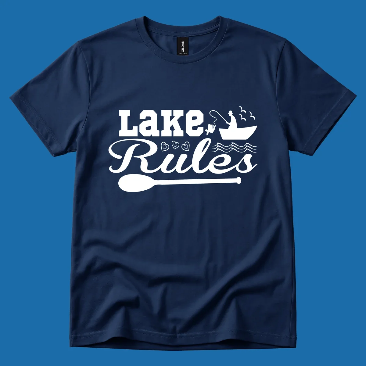 Lake Rules design with fishing boat, fish, oar, waves, and birds. White artwork on black and white backgrounds.