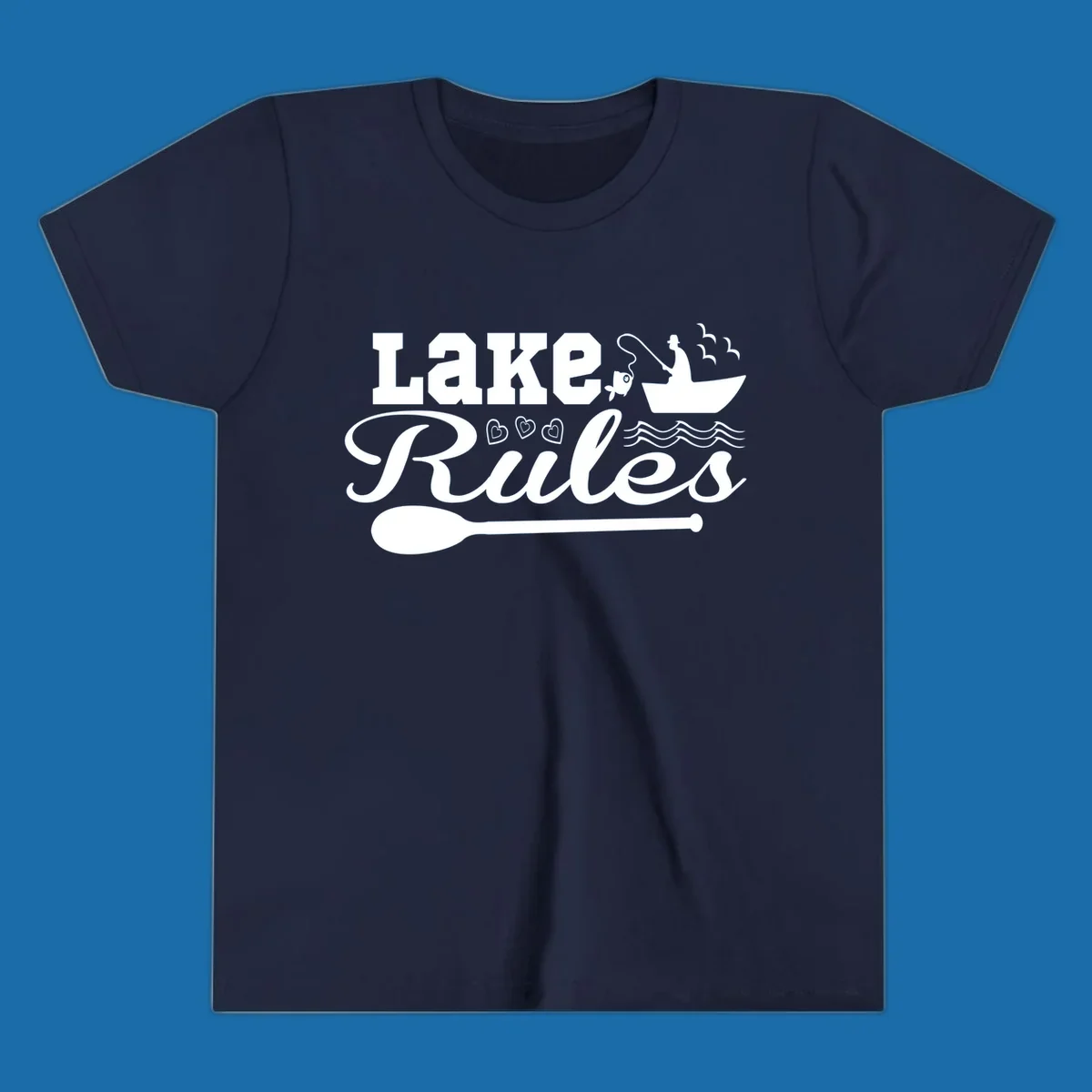 Lake Rules design with fishing boat, fish, oar, waves, and birds. White artwork on black and white backgrounds.