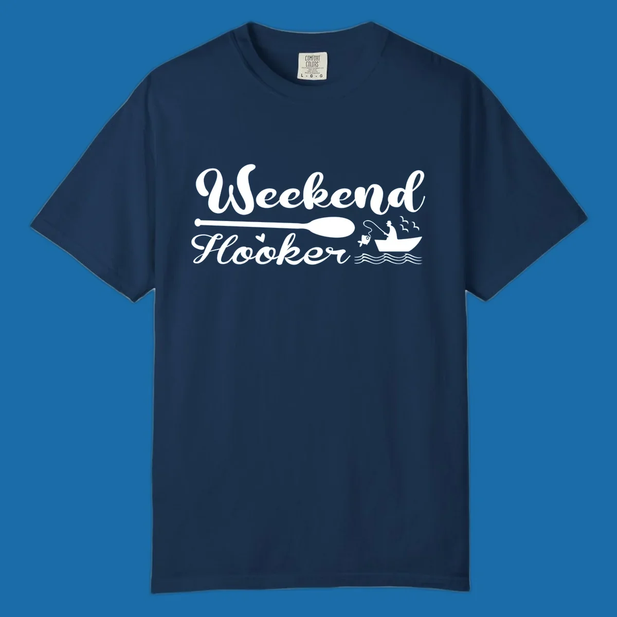 Weekend Hooker fishing design with fisherman in boat catching fish, text and waves.