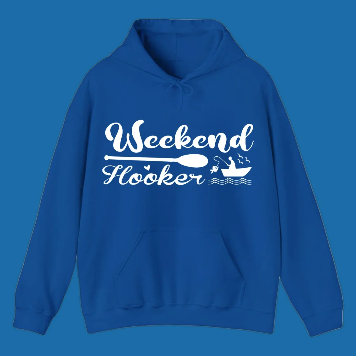 Weekend Hooker fishing design with fisherman in boat catching fish, text and waves.