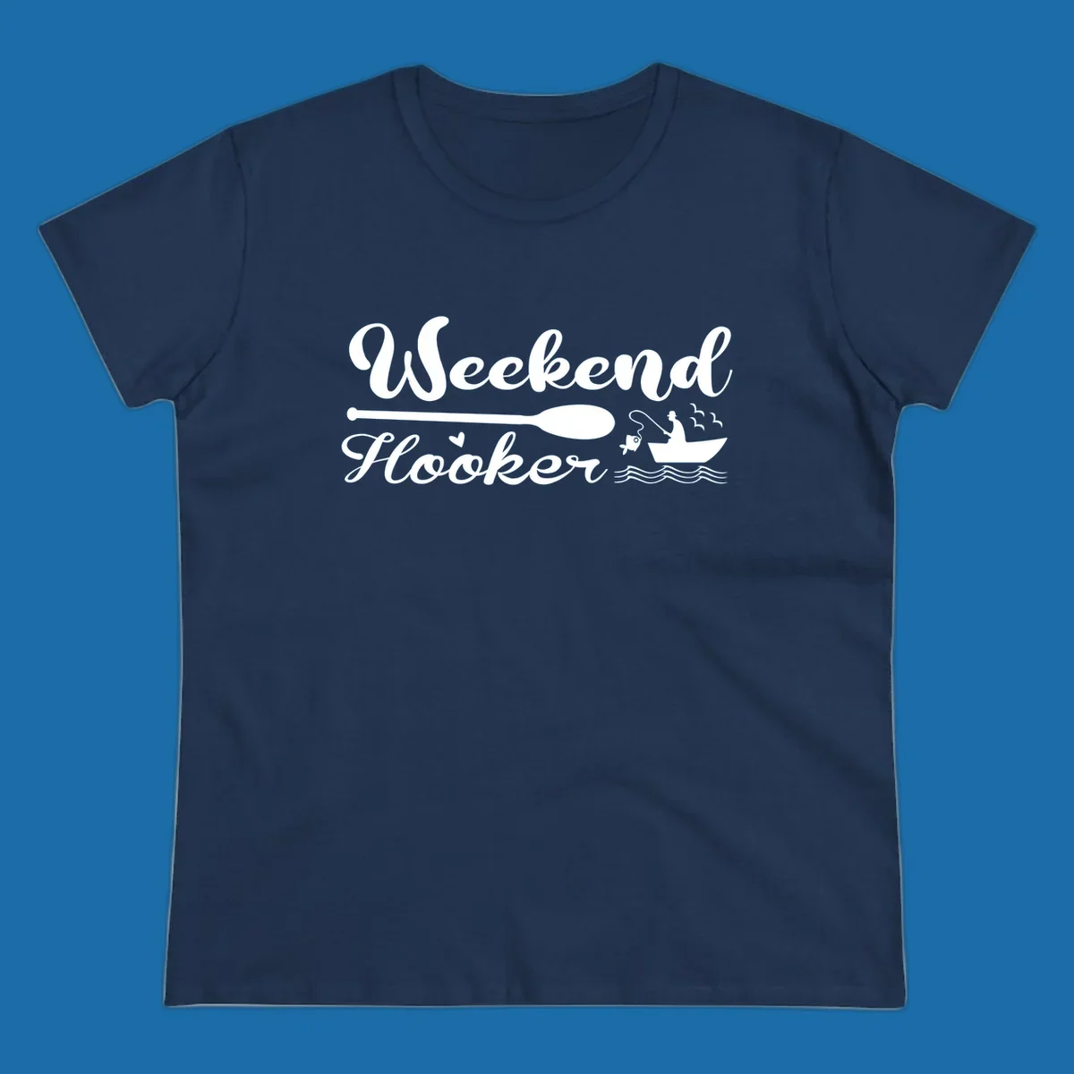 Weekend Hooker fishing design with fisherman in boat catching fish, text and waves.