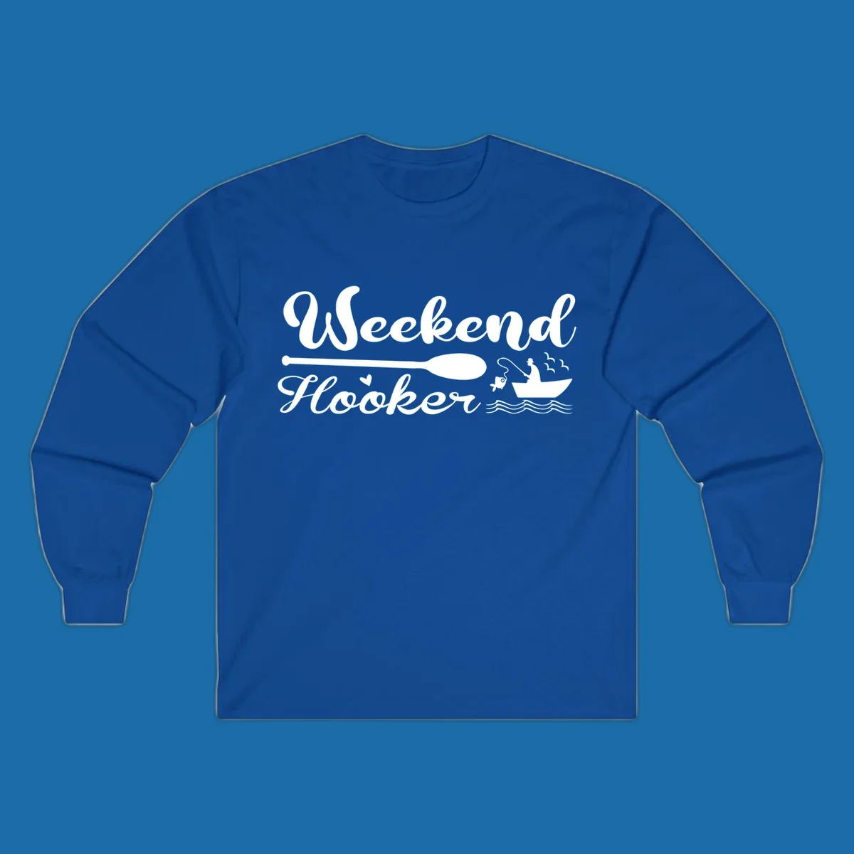 Weekend Hooker fishing design with fisherman in boat catching fish, text and waves.