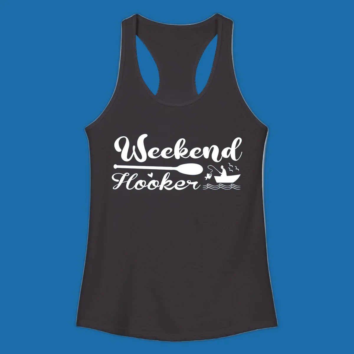 Weekend Hooker fishing design with fisherman in boat catching fish, text and waves.