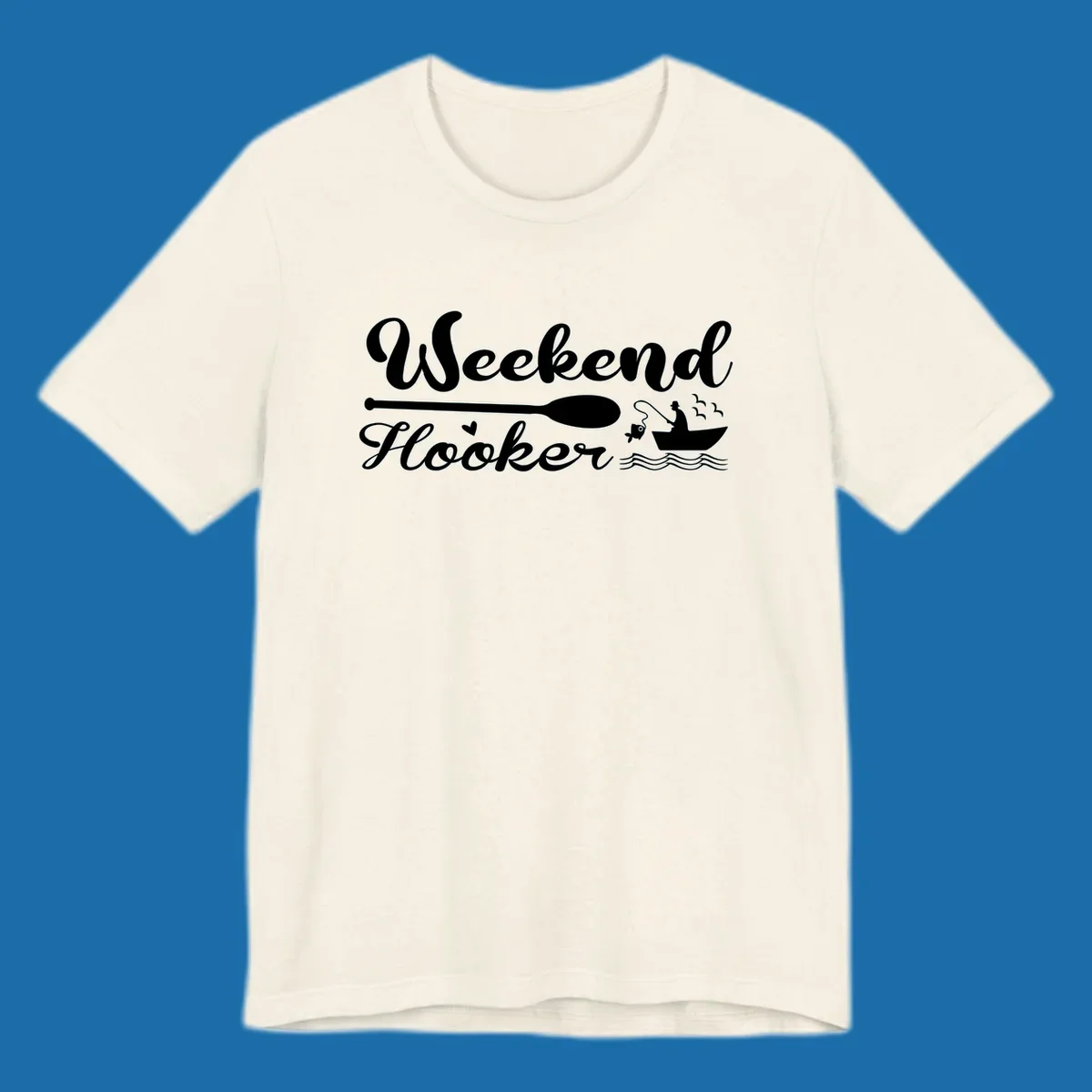 Weekend Hooker fishing design with fisherman in boat catching fish, text and waves.