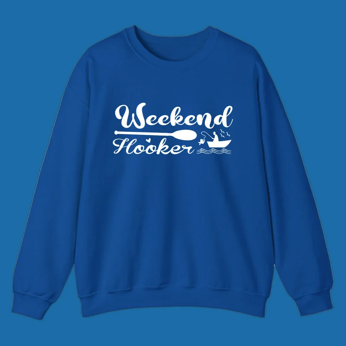 Weekend Hooker fishing design with fisherman in boat catching fish, text and waves.