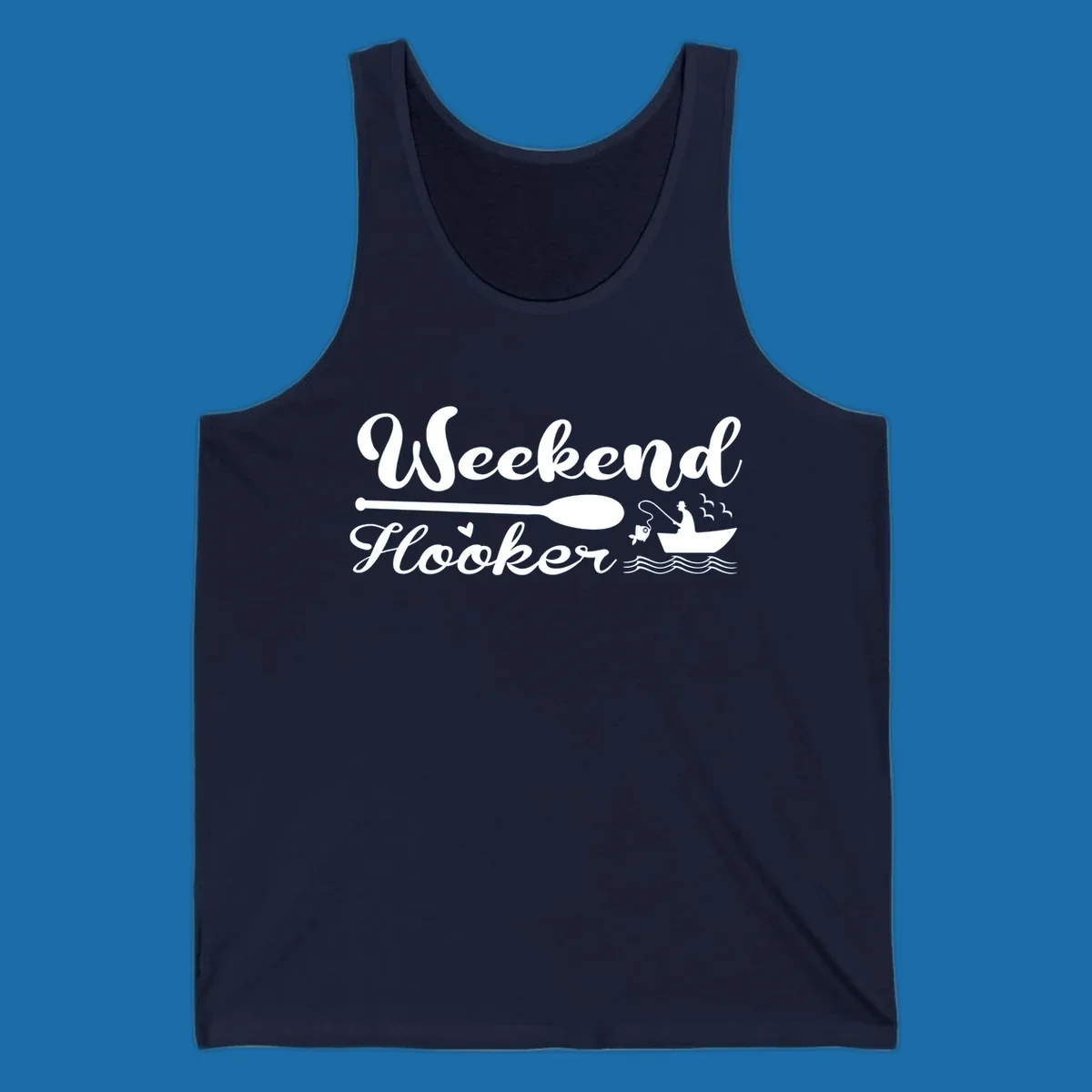 Weekend Hooker fishing design with fisherman in boat catching fish, text and waves.