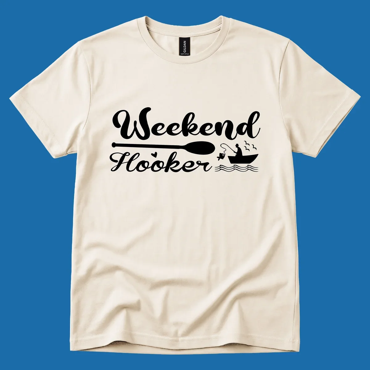 Weekend Hooker fishing design with fisherman in boat catching fish, text and waves.