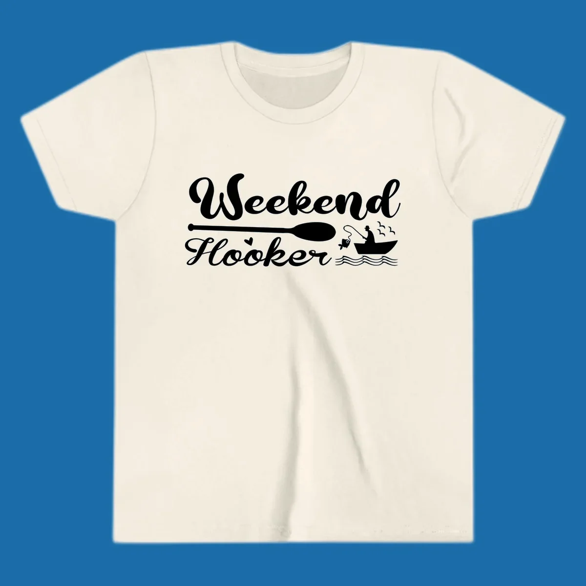 Weekend Hooker fishing design with fisherman in boat catching fish, text and waves.