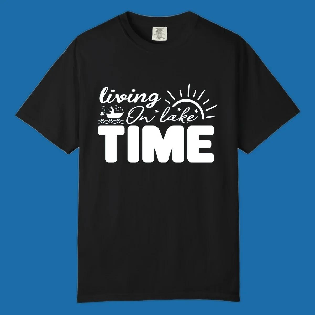 Living on lake time graphic with fishing boat, sun, and waves.
