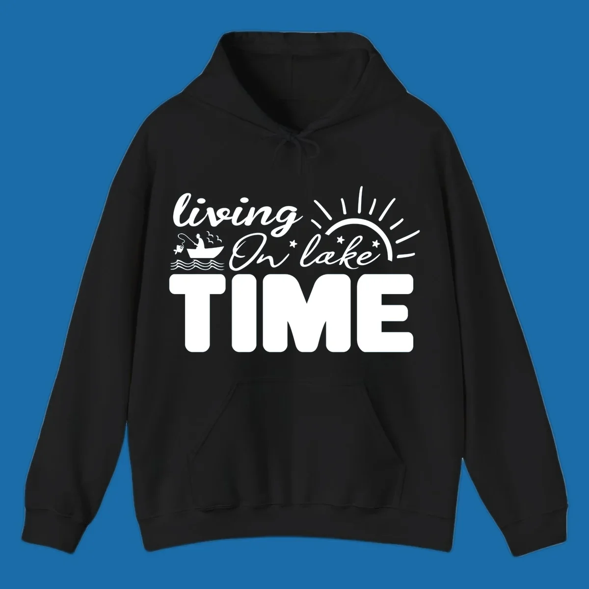 Living on lake time graphic with fishing boat, sun, and waves.