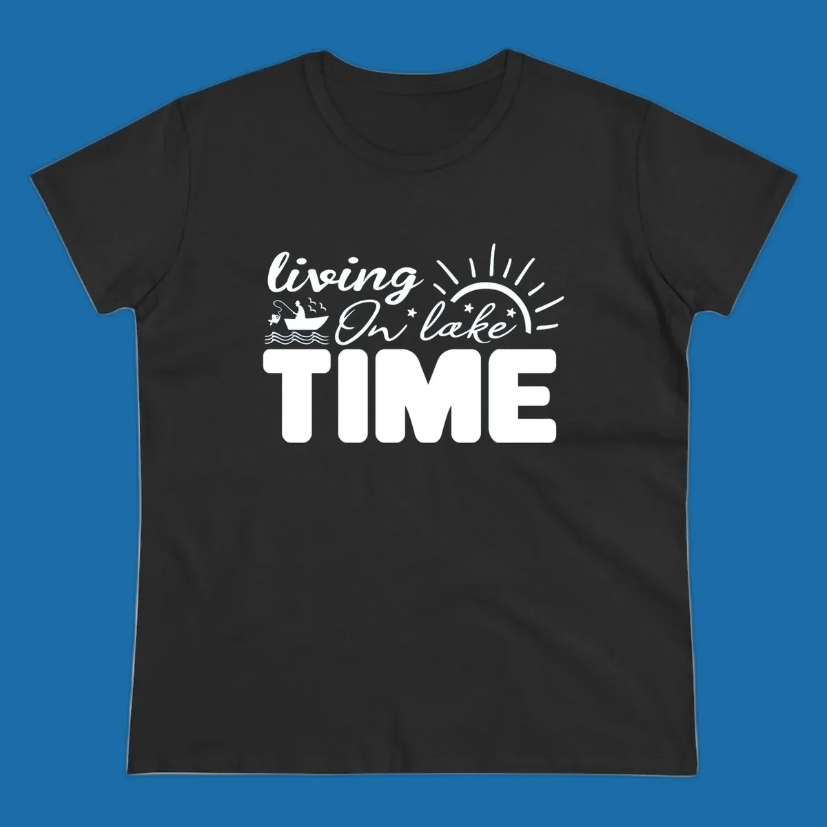Living on lake time graphic with fishing boat, sun, and waves.
