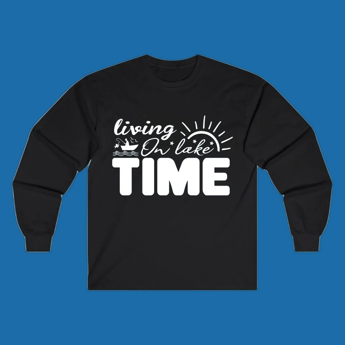 Living on lake time graphic with fishing boat, sun, and waves.