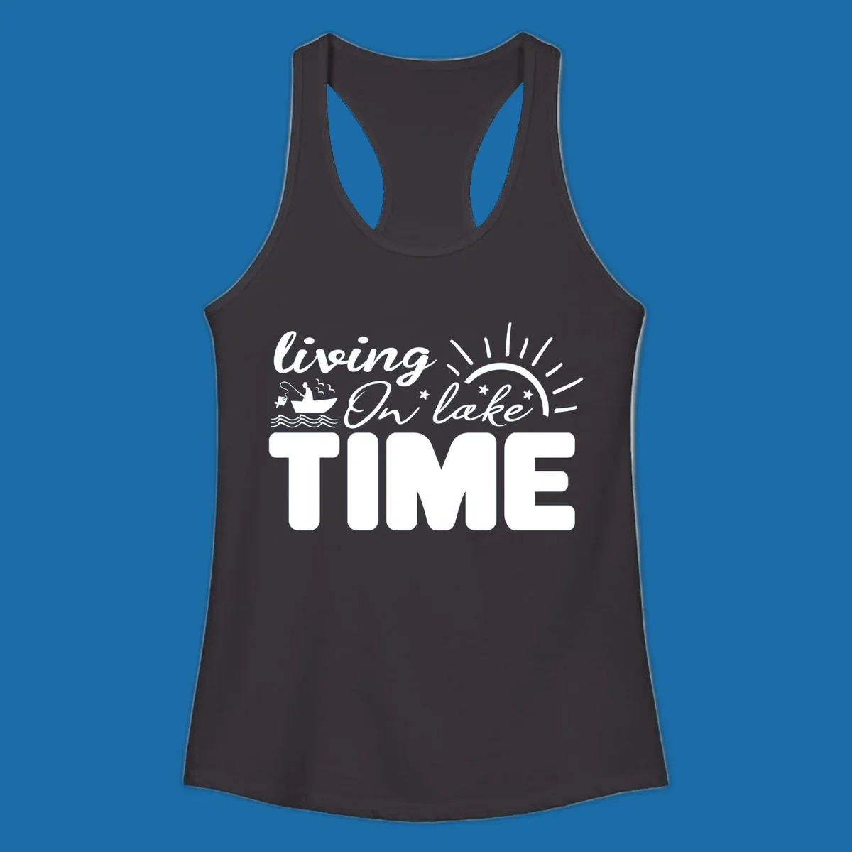Living on lake time graphic with fishing boat, sun, and waves.