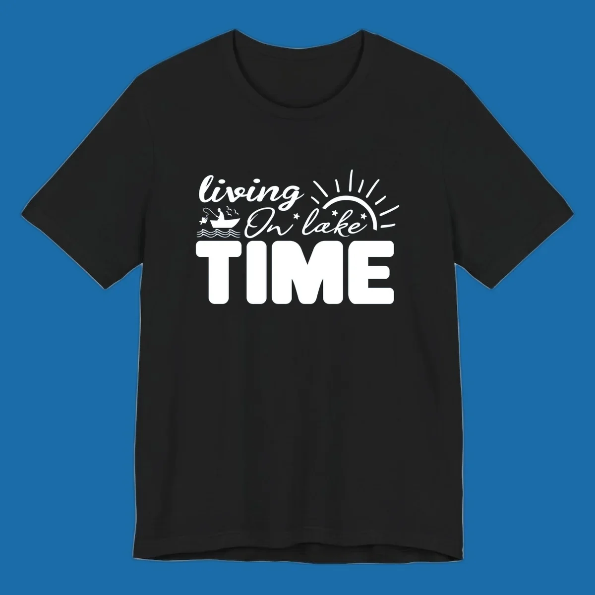 Living on lake time graphic with fishing boat, sun, and waves.