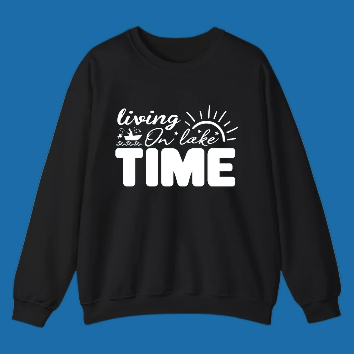 Living on lake time graphic with fishing boat, sun, and waves.