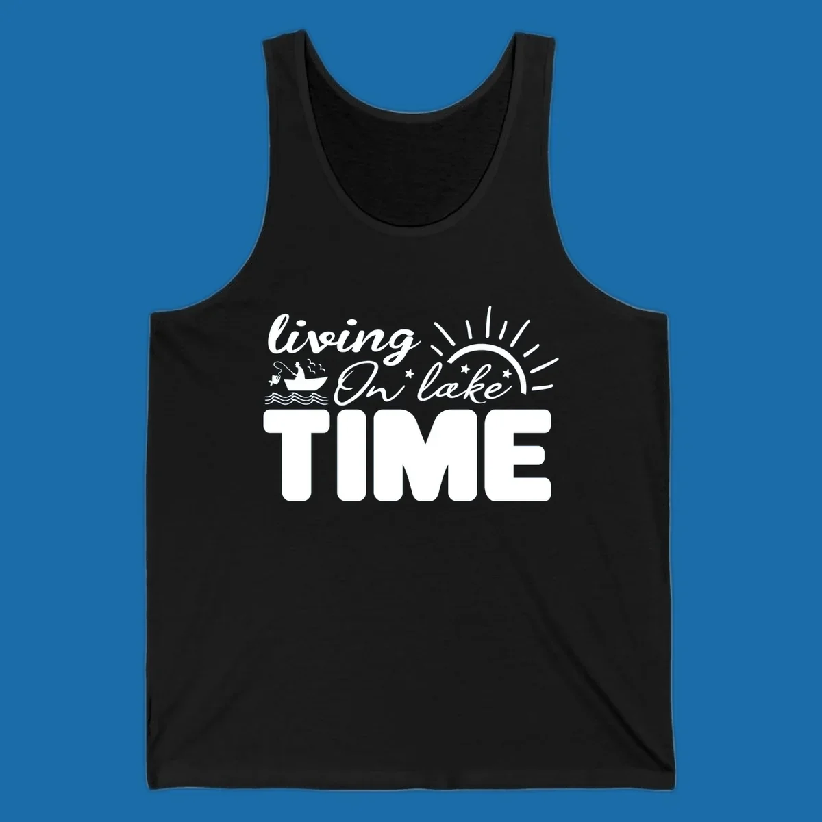Living on lake time graphic with fishing boat, sun, and waves.