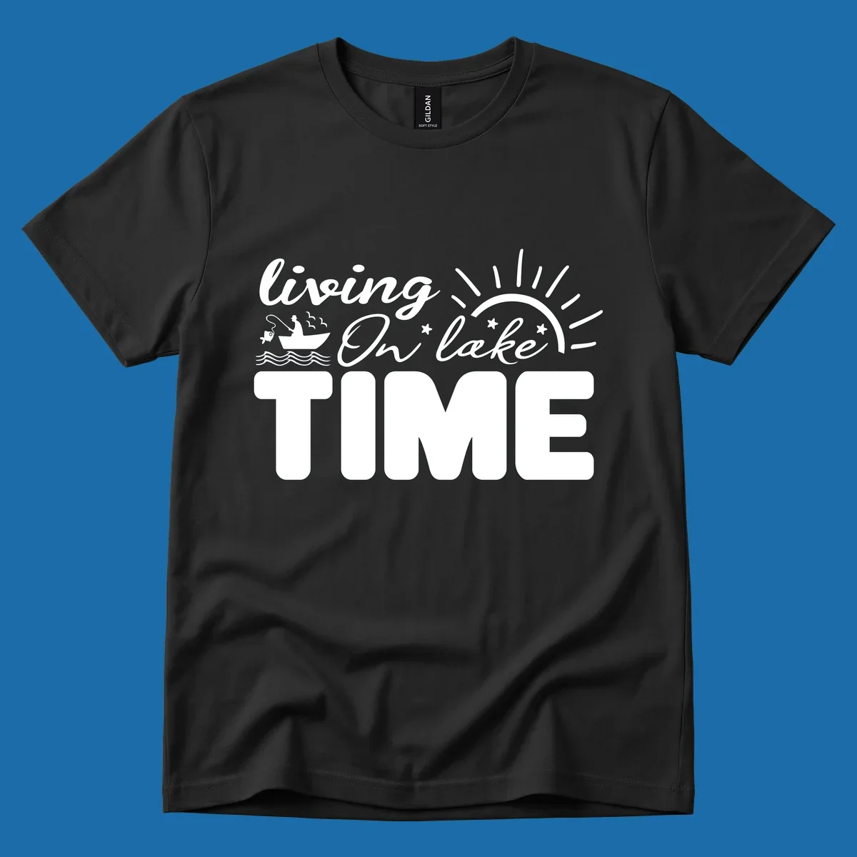 Living on lake time graphic with fishing boat, sun, and waves.