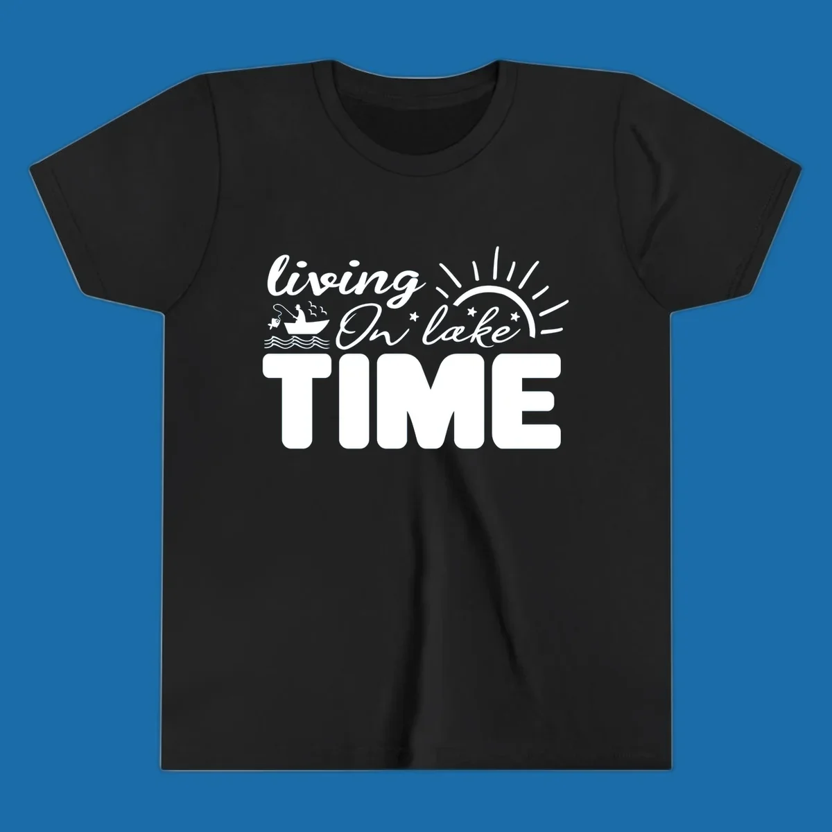 Living on lake time graphic with fishing boat, sun, and waves.