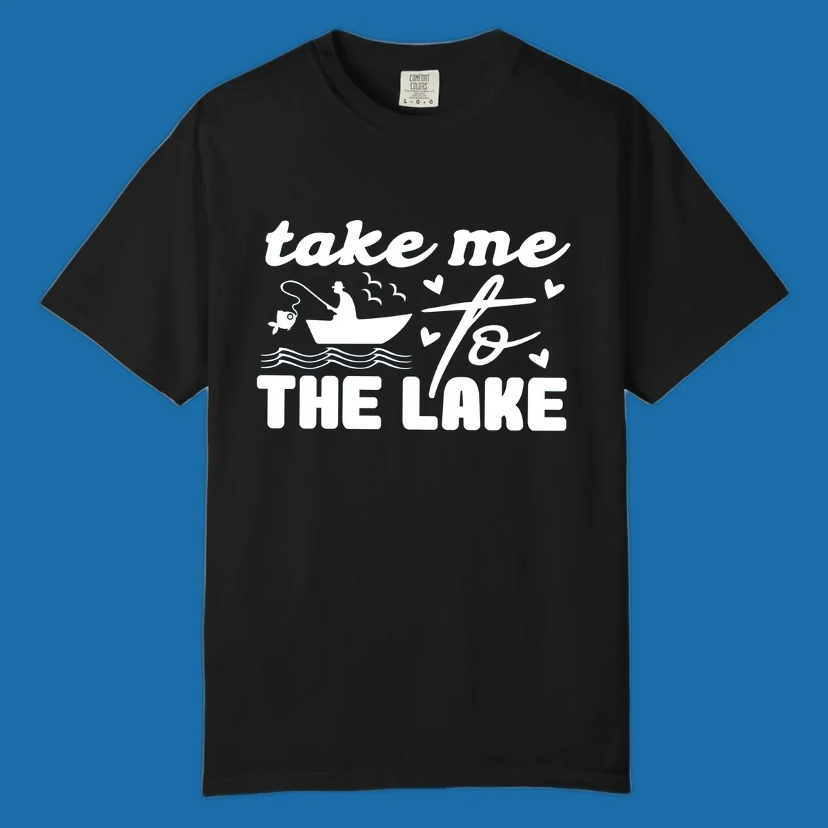 Fishing lake life design with fisherman in boat and text "take me to the lake".