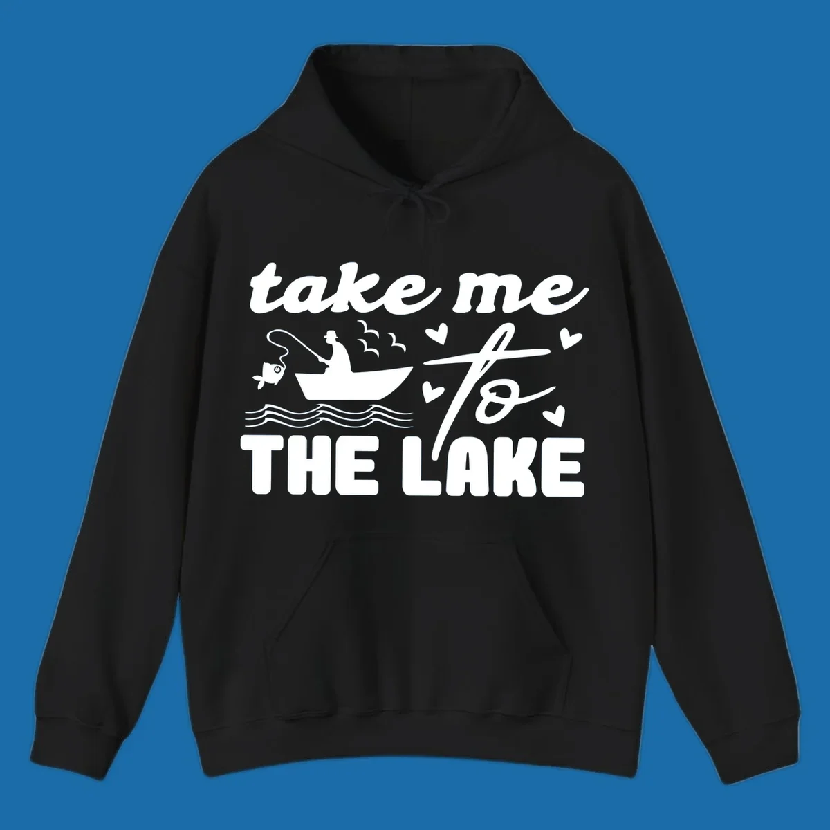 Fishing lake life design with fisherman in boat and text "take me to the lake".
