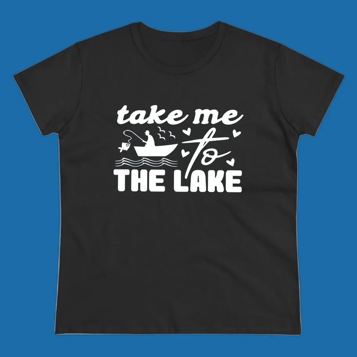 Fishing lake life design with fisherman in boat and text "take me to the lake".