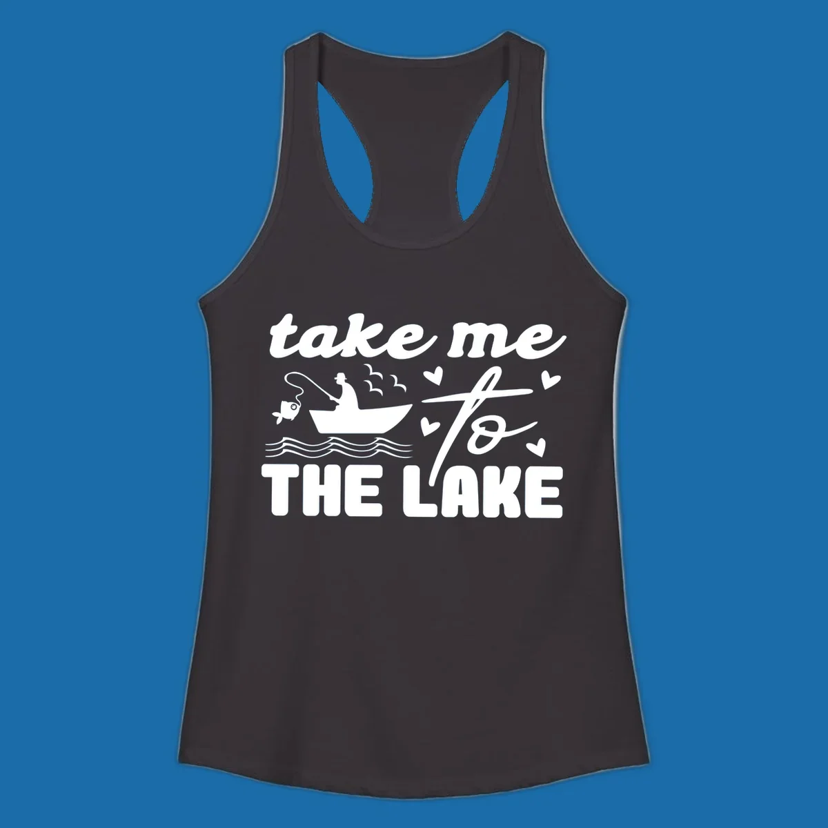 Fishing lake life design with fisherman in boat and text "take me to the lake".