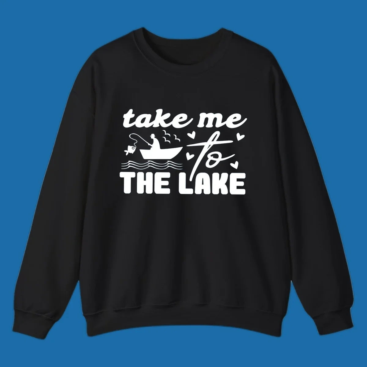 Fishing lake life design with fisherman in boat and text "take me to the lake".